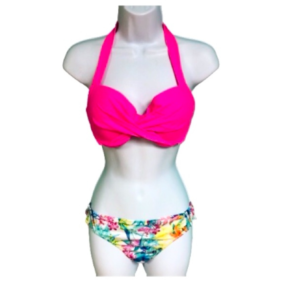 Marie Meili Pink & Floral Halter Bikini Set Womens Size M 36C